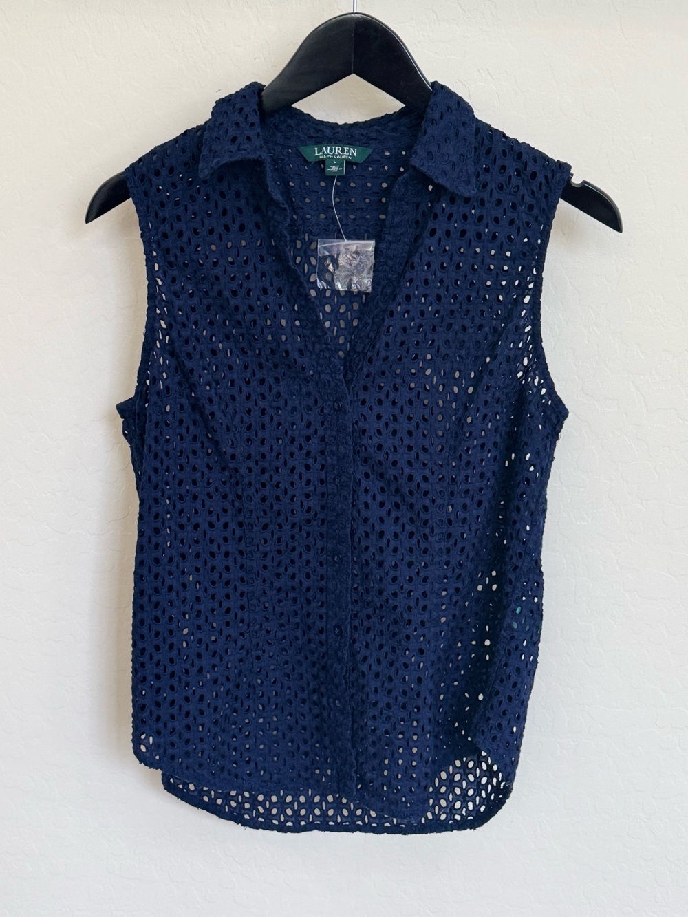 Lauren Ralph Lauren Navy Blue Eyelet Sleeveless Button Down Top Size L NWOT